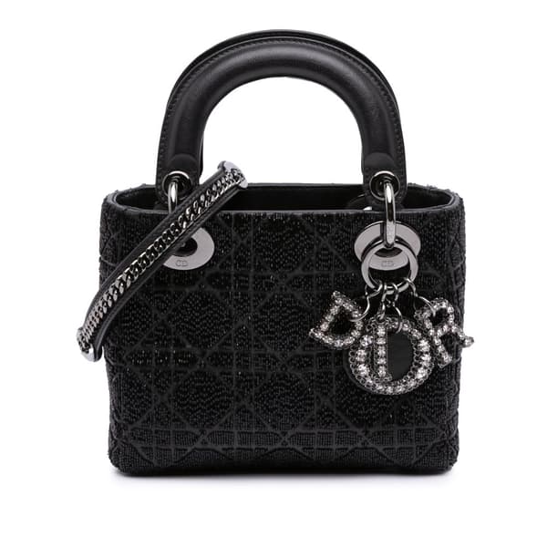 Pre-owned Dior Mini Beaded Lambskin Crystal Cannage Lady Dior Black