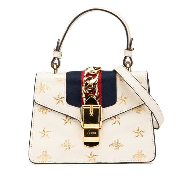 Pre-owned Gucci Mini Calfskin Bee Star Sylvie Satchel White