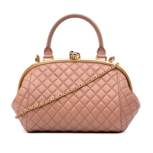 Pre-owned Chanel Paris Rome Quilted Calfskin Colosseum Lock Frame Bowling Bag Brown