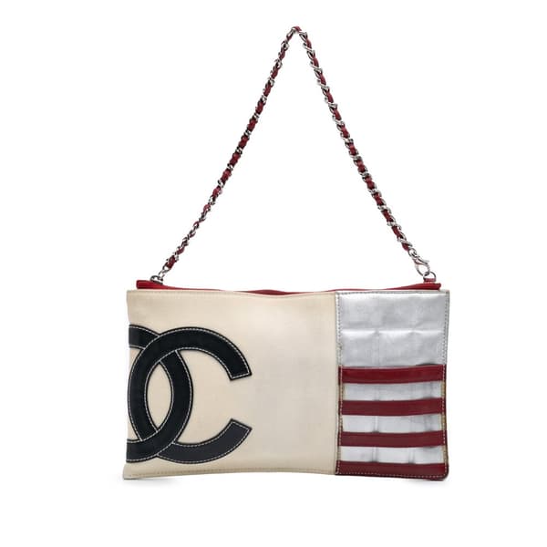 Pre-owned Chanel CC Canvas and Metallic Lambskin Flag Pochette White