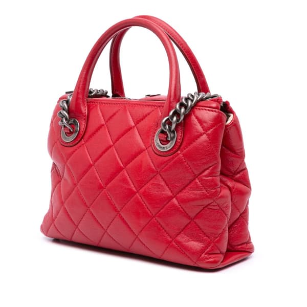 Pre-owned Chanel Small Quilted Shiny Sheepskin Boy Chained Tote Red