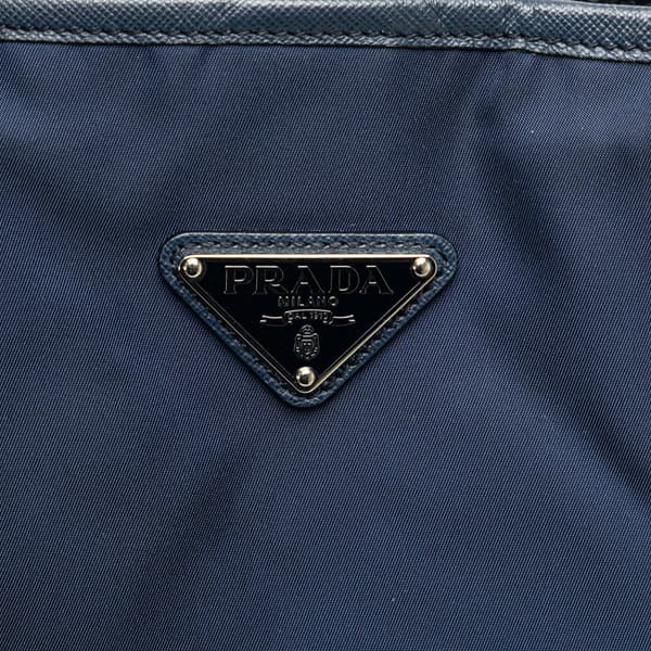 Pre-owned Prada Saffiano Trimmed Tessuto Open Convertible Tote Blue