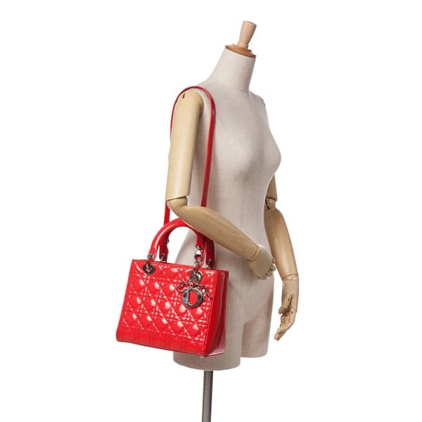 Pre-owned Dior Medium Patent Cannage Lady Dior Red