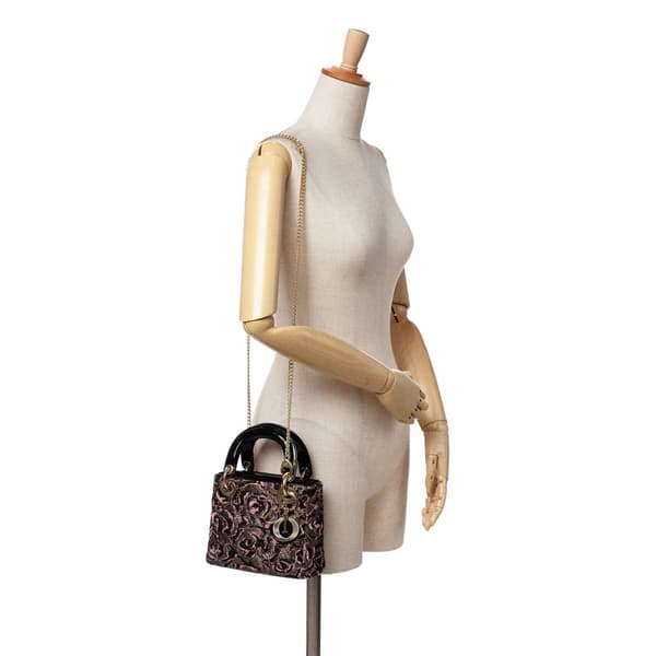 Pre-owned Dior Mini Tweed Rose Embroidered Lady Dior Pink