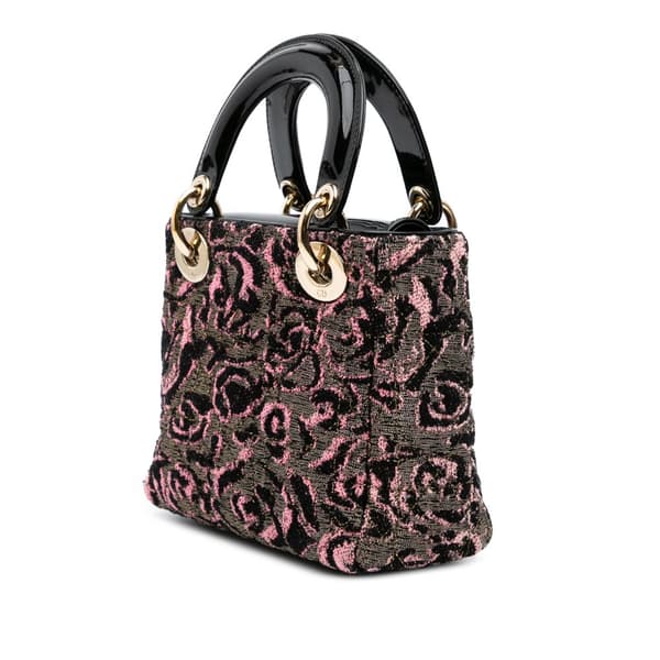 Pre-owned Dior Mini Tweed Rose Embroidered Lady Dior Pink