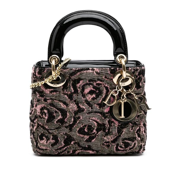 Pre-owned Dior Mini Tweed Rose Embroidered Lady Dior Pink
