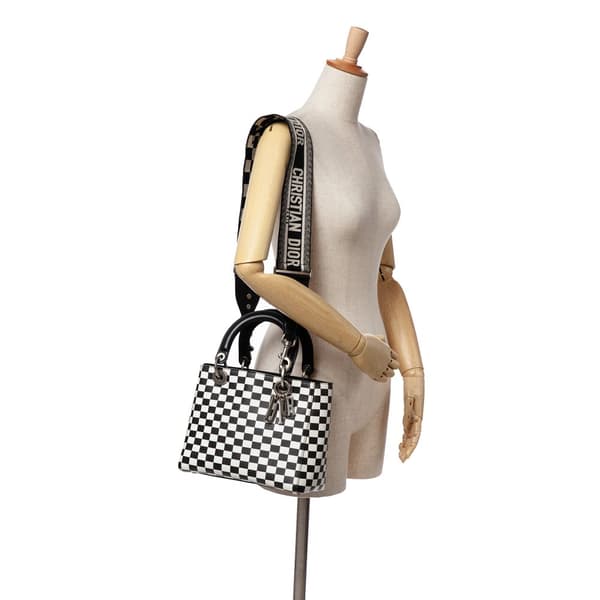 Pre-owned Dior Medium Calfskin Checkered Lady Dior Black