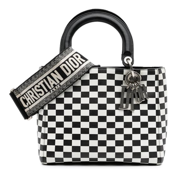 Pre-owned Dior Medium Calfskin Checkered Lady Dior Black