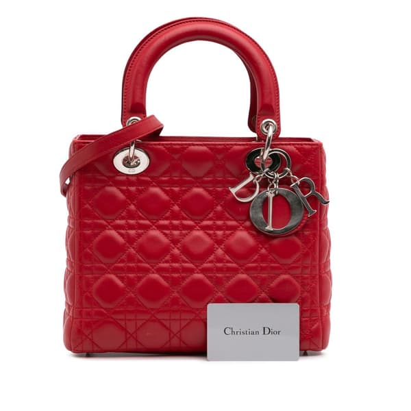 Pre-owned Dior Medium Lambskin Cannage Lady Dior Red