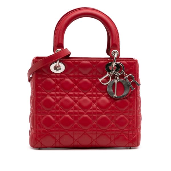 Pre-owned Dior Medium Lambskin Cannage Lady Dior Red