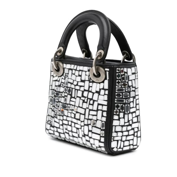 Pre-owned Dior Mini Smooth Calfskin Embroidered Mosaic of Mirrors Lady Dior Black