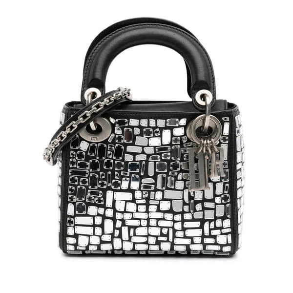 Pre-owned Dior Mini Smooth Calfskin Embroidered Mosaic of Mirrors Lady Dior Black