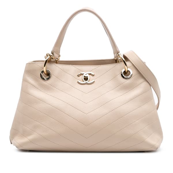 Pre-owned Chanel Large CC Chevron Calfskin Stitched Shopping Tote Brown