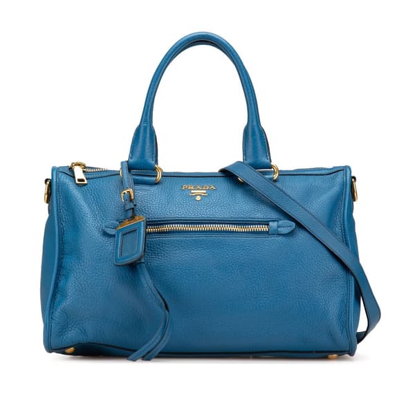 Pre-owned Prada Vitello Daino Zip Top Satchel Blue