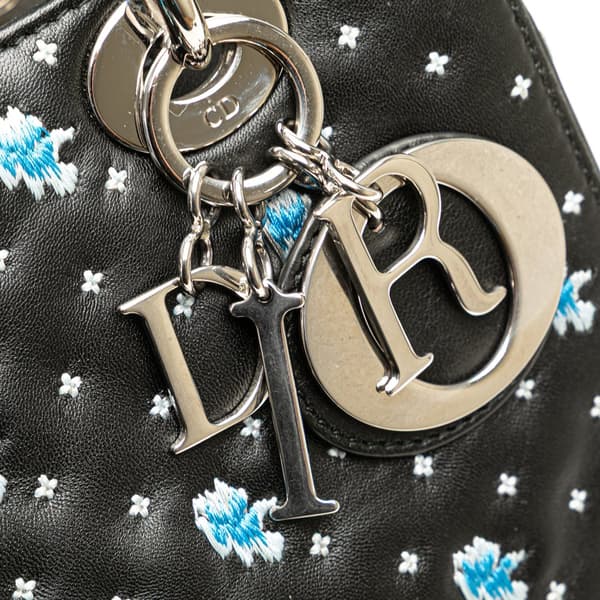 Pre-owned Dior Medium Calfskin Embroidered Flower Lady Dior Black