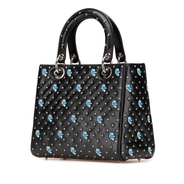 Pre-owned Dior Medium Calfskin Embroidered Flower Lady Dior Black