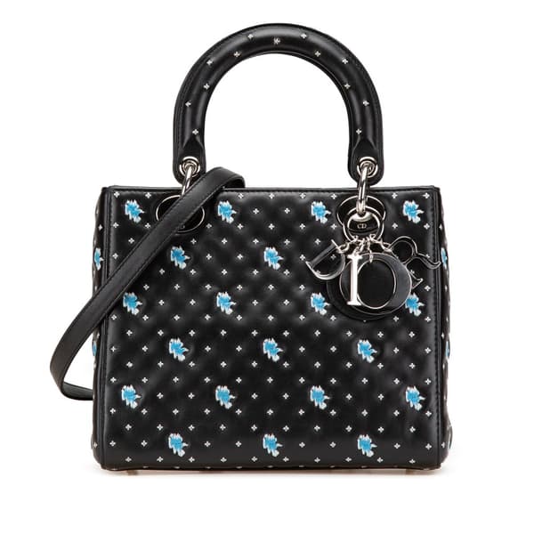 Pre-owned Dior Medium Calfskin Embroidered Flower Lady Dior Black