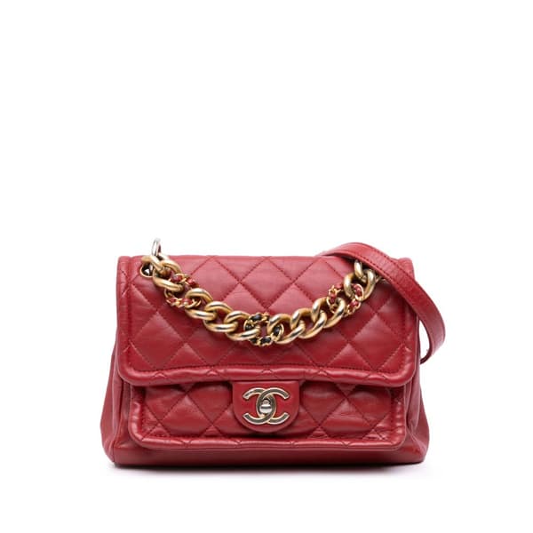 Pre-owned Chanel Small Quilted Lambskin Chain Link Flap Red