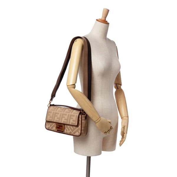 Pre-owned Fendi Medium Embroidered Canvas Baguette Satchel Brown
