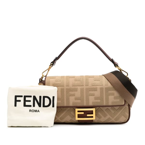 Pre-owned Fendi Medium Embroidered Canvas Baguette Satchel Brown