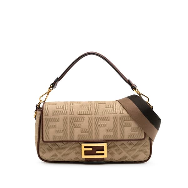 Pre-owned Fendi Medium Embroidered Canvas Baguette Satchel Brown