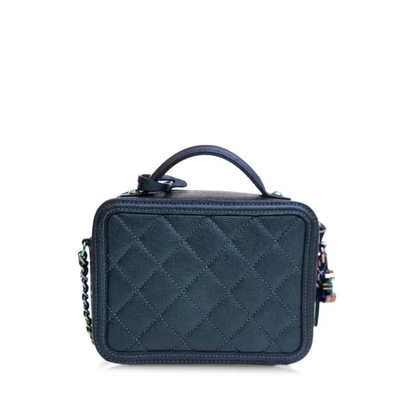 Pre-owned Chanel Small Quilted Iridescent Caviar Filigree Vanity Case Blue