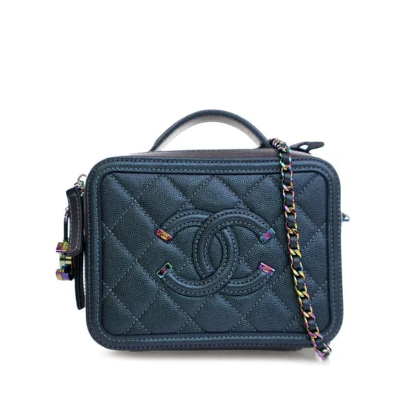 Pre-owned Chanel Small Quilted Iridescent Caviar Filigree Vanity Case Blue