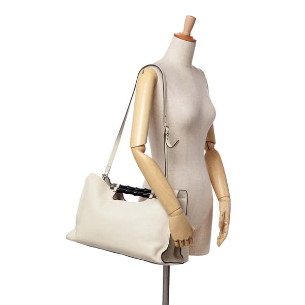 Pre-owned Gucci Medium Calfskin Bamboo Daily Shopper Satchel White