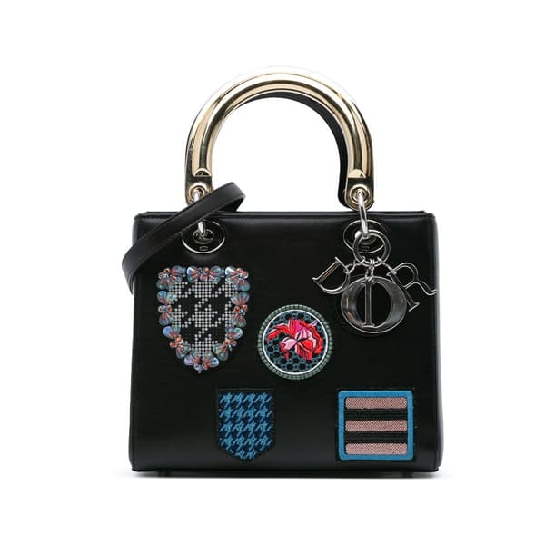 Pre-owned Dior Medium Calfskin Patch Embellished Lady Dior Black