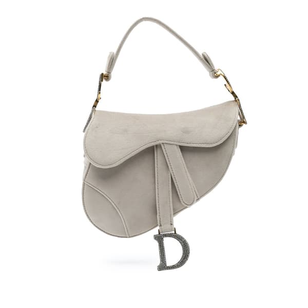 Pre-owned Dior Mini Velvet Crystal Embellished Saddle Gray