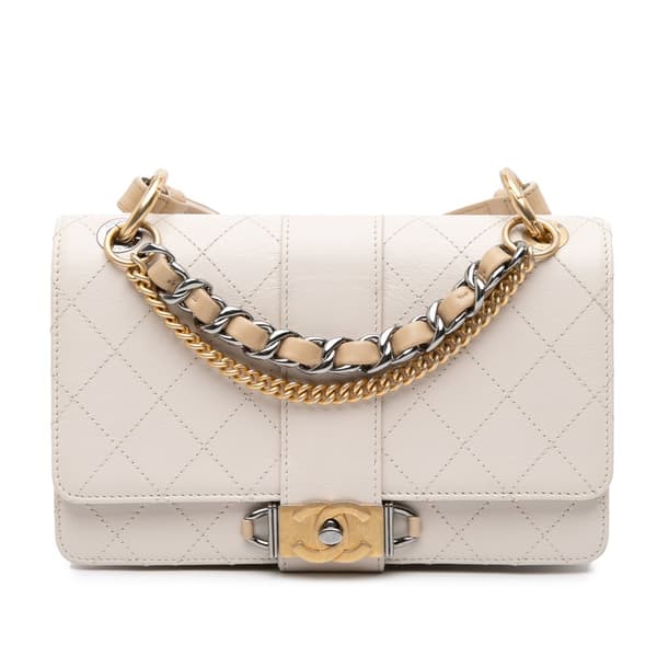 Pre-owned Chanel CC Stitched Calfskin Chain Flap White