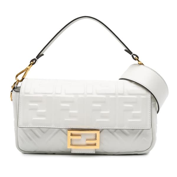 Pre-owned Fendi Zucca Embossed Leather Baguette Satchel White
