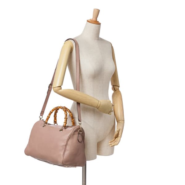 Pre-owned Gucci Calfskin Bamboo Shopper Boston Bag Pink