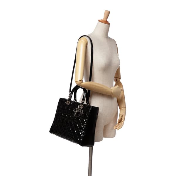 Pre-owned Dior Large Patent Cannage Lady Dior Black