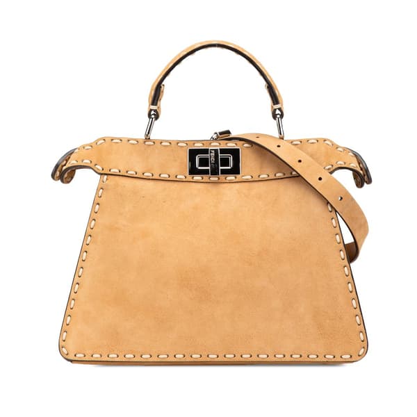 Pre-owned Fendi Small Suede Selleria Peekaboo ISeeU Satchel Brown