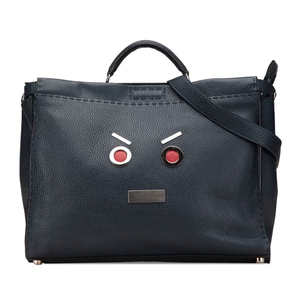 Pre-owned Fendi Large Leather Peekaboo Iconic Essential Faces Satchel Blue