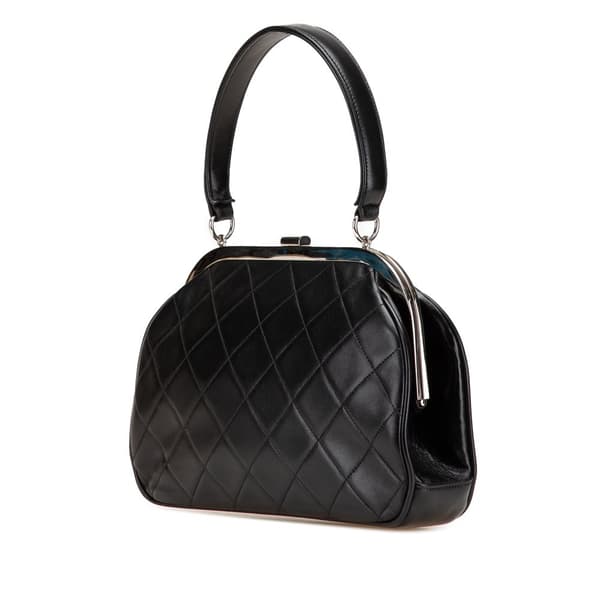 Pre-owned Chanel CC Quilted Lambskin Kiss Lock Frame Top Handle Bag Black