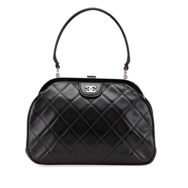 Pre-owned Chanel CC Quilted Lambskin Kiss Lock Frame Top Handle Bag Black