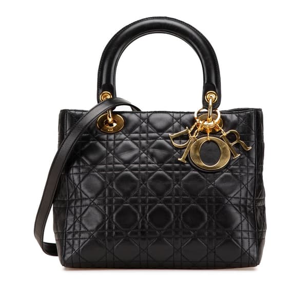 Pre-owned Dior Medium Lambskin Cannage Lady Dior Black