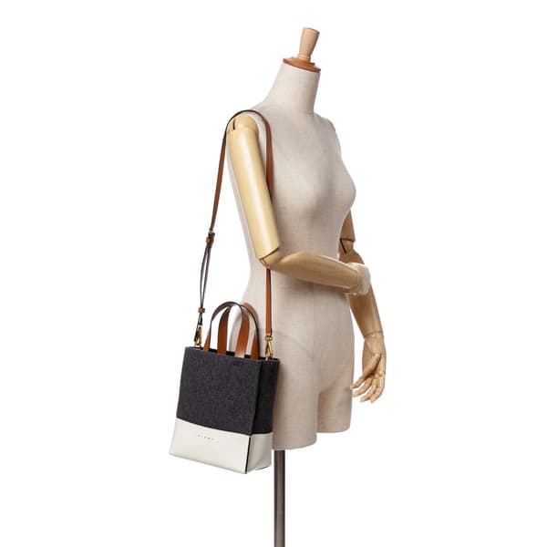 Pre-owned Marni Felt Trimmed Leather Museo Shopper Tote Gray