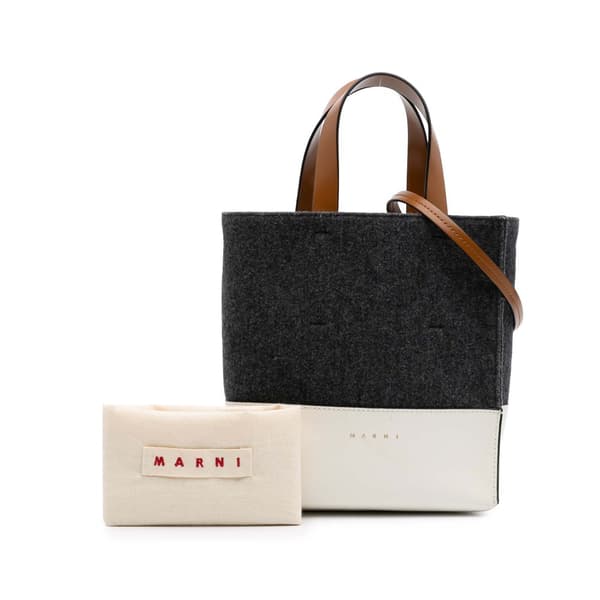 Pre-owned Marni Felt Trimmed Leather Museo Shopper Tote Gray