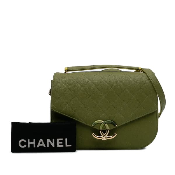 Pre-owned Chanel Medium Quilted Caviar Thread Around Flap Green