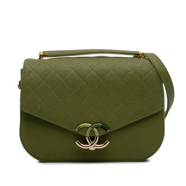 Pre-owned Chanel Medium Quilted Caviar Thread Around Flap Green