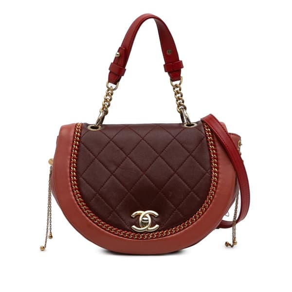 Pre-owned Chanel Small Quilted Lambskin Chain Detail Saddle Bag Red