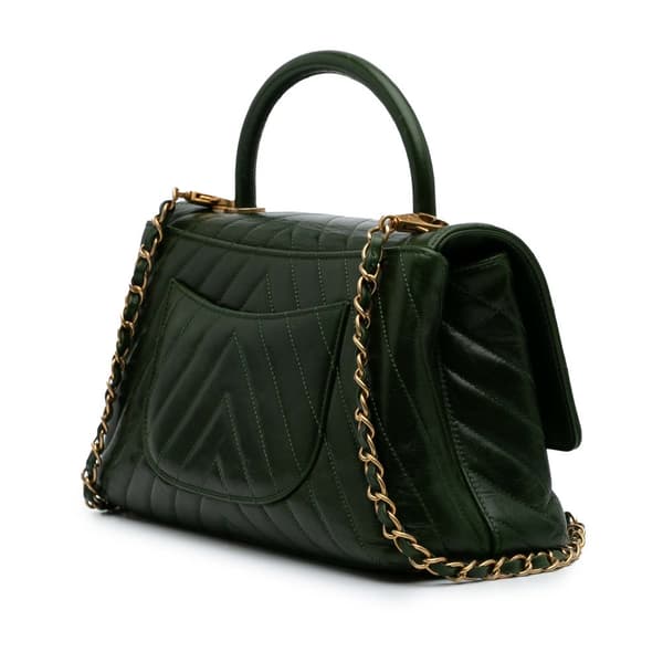Pre-owned Chanel Medium Chevron Aged Calfskin Coco Top Handle Bag Green