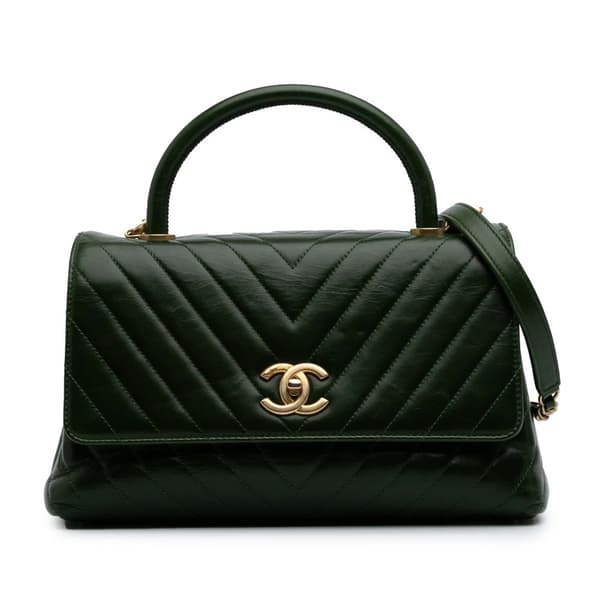 Pre-owned Chanel Medium Chevron Aged Calfskin Coco Top Handle Bag Green
