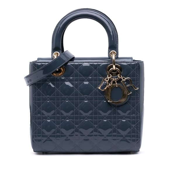 Pre-owned Dior Medium Patent Cannage Lady Dior Blue