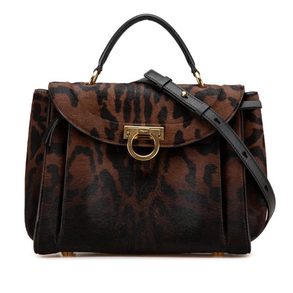 Pre-owned Ferragamo Pony Hair Gancini Sofia Satchel Brown