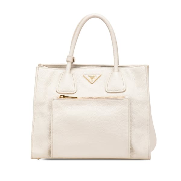 Pre-owned Prada Vitello Daino Front Pocket Tote White
