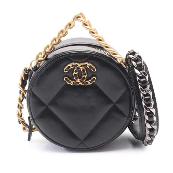 Pre-owned Chanel Lambskin 19 Round Clutch with Chain Black
